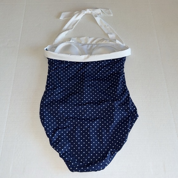Lauren Ralph Lauren Blue And White Polka Dot Pinup Style Halter Neck Swimsuit - Picture 2 of 9